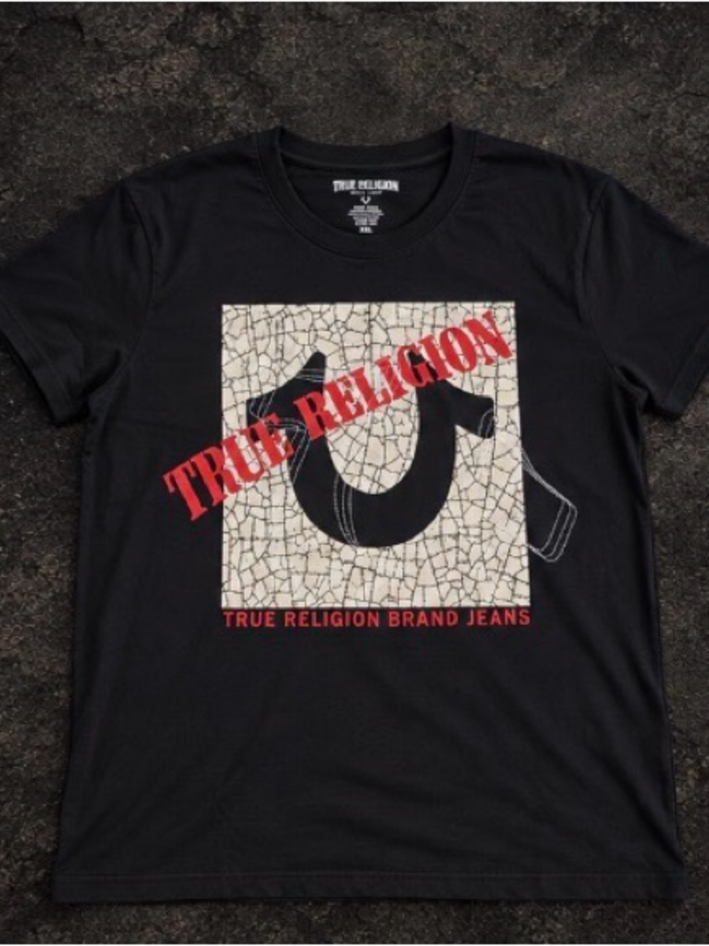 True Religion Black Tee with Red Logo and Cream Graphic